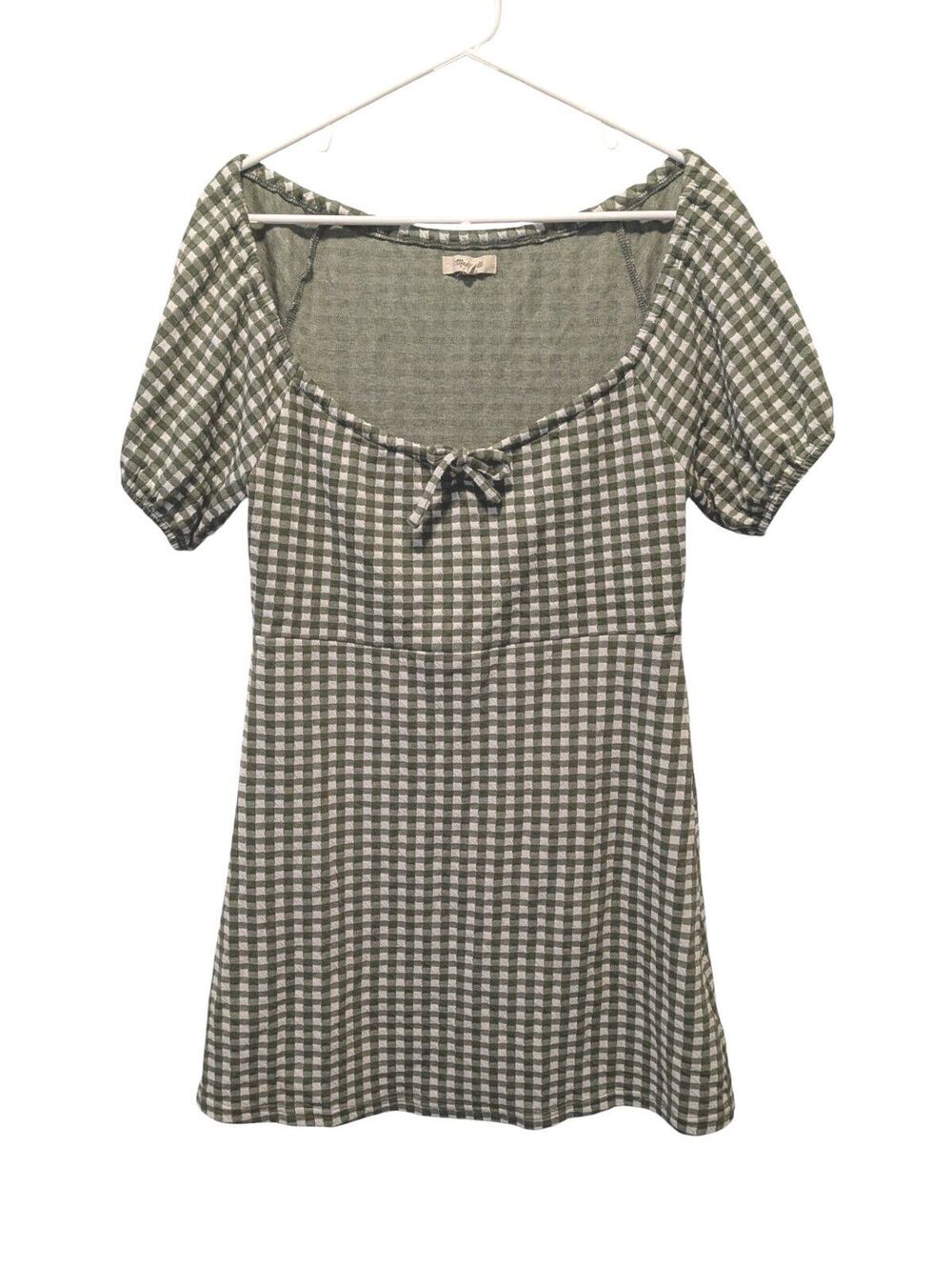 Madewell M Faded Palm Green Gingham Jacquard Puff Sleeve Mini Dress NF940